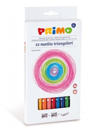 Pastelky trojboké PRIMO JUMBO TRIS, tuha 5,5mm, 12ks + 2 x ořezávátko + pryž