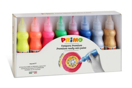 Temperové barvy PRIMO FLUO+METAL, sada 8 x 50 ml, box