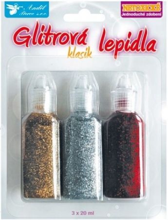 Glitrové lepidlo 3x20ml - zlatá, stříbrná, červená