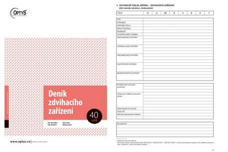 Deník zdvihacího zařízení, A4, 40 listů, OPTYS 1227