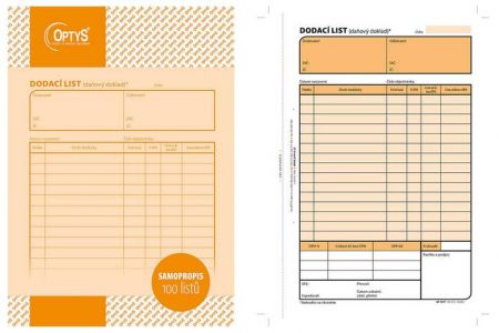 Dodací list, A5, 100 listů, perforace v levé části tiskopisu, samopropisovací, OPTYS 1077