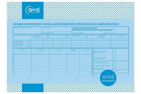 Záznam o době řízení vozidla a bezpečnostních přestávkách, A4, 100 listů, čís., OPTYS 1166
