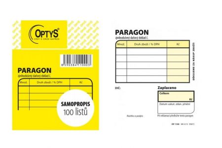 Paragon obchodní, 7,5 × 9,5 cm, 100 listů, samopropisovací, OPTYS 1100