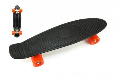 Skateboard - pennyboard 60cm nosnost 90kg, kovové osy, černá barva, oranžová kola