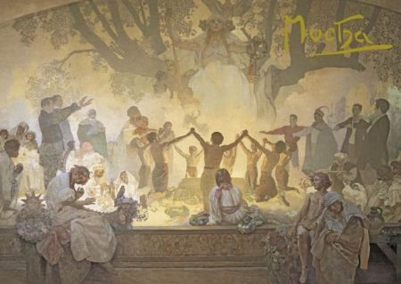 Pohled Alfons Mucha Slovanská epopej – Přísaha Omladiny, krátký