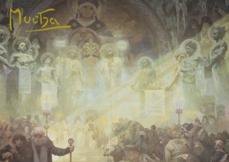 Pohled Alfons Mucha Slovanská epopej – Mont Athos (Svatá hora), krátký