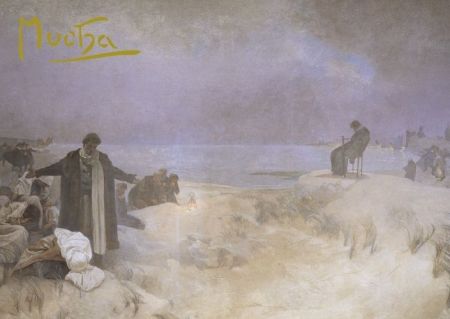 Pohled Alfons Mucha Slovanská epopej – Jan Amos Komenský, krátký