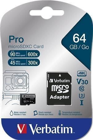 Paměťová karta &quot;PRO&quot;, microSDXC, 64GB, CL10/U3, 90/45 MB/s, adaptér, VERBATIM