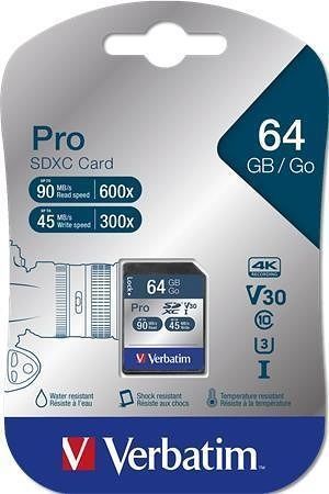 Paměťová karta &quot;PRO&quot;, SDXC, 64GB, CL10/U3, 90/45MB/sec, VERBATIM