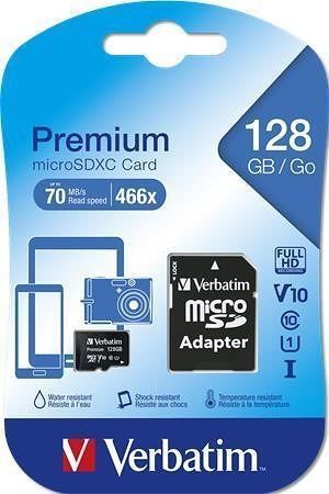 Paměťová karta &quot;Premium&quot;, microSDXC, 128GB, CL10/U1, 70/10 MB/s, adaptér, VERBATIM