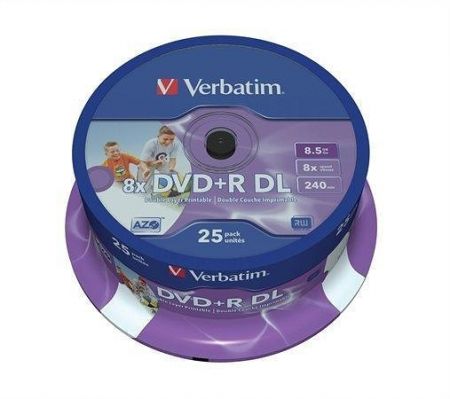 DVD+R DL, 8,5GB, 8x, Printable, no-ID, Verbatim, Double Layer, 25-cake