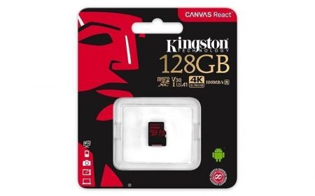 Paměťová karta &quot;Canvas React&quot;, micrSDXC, 128GB, C10/U3/V30/A1, 100/80 MB/s, KINGSTON