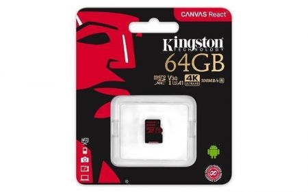 Paměťová karta &quot;Canvas React&quot;, microSDXC, 64GB, C10/U3/V30/A1, 100/80 MB/s, KINGSTON