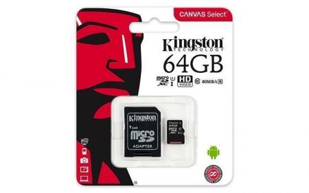 Paměťová karta microSDXC &quot;Canvas Select&quot;, 64GB, Class 10/U1, 80/10 MB/s,adapter, KINGSTON