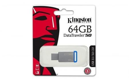 USB flash disk &quot;DT50&quot;, stříbrno-modrá, 64GB, USB 3.1, KINGSTON