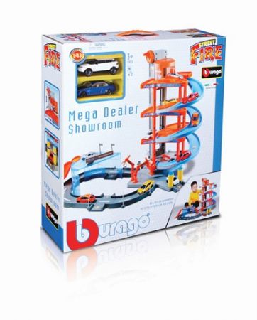 Bburago PLAY 1:43 Street Fire Mega Dealer Showroom garáž s dvěma autíčky