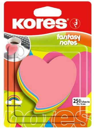 KORES Neonové bločky 70x70mm &quot;HEART&quot; tvar srdce / 250 lístků v bločku, mix 5 barev 