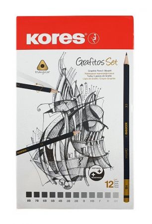 KORES Grafitos set - Trojhranné obyč.tužky v sadě, 12 tužek, lakovaný konec, různá tvrdost