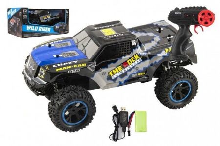 Auto RC terénní modré 39cm plast 2,4GHz na baterie + dobíjecí pack v krabici 46x21x27cm