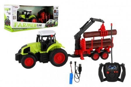 Traktor RC s vlekem na dřevo plast 38cm 27MHz + dobíjecí pack na baterie v krabici 45x18