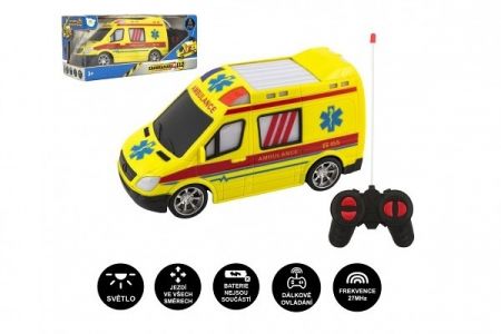 Auto RC ambulance plast 20cm na dálkové ovládání 27MHz na baterie se světlem v krabici
