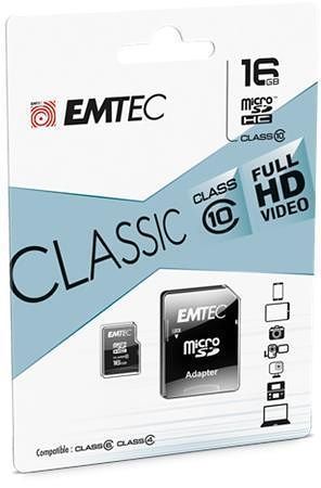 Paměťová karta &quot;Classic&quot;, microSDHC, 16GB, CL10, 20/12 MB/s, adaptér, EMTEC ECMSDM16GHC10C