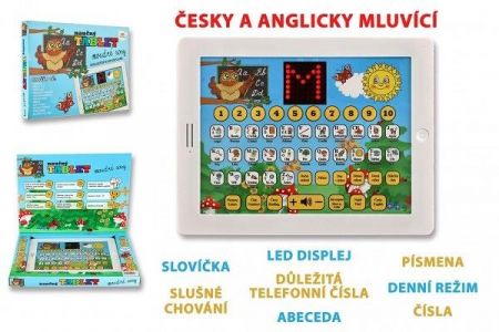 Naučný tablet moudré sovy dvojjazyčný CZ+AJ plast 24x19x2cm na baterie se zvukem v krabici