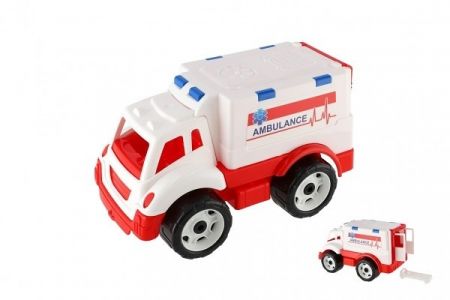 Auto ambulance plast na volný chod v síťce 20x19x32cm