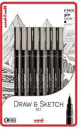 Sada fixů &quot;Draw and Sketch&quot;, černá, 8 různých linek, UNI PIN 2UPIN799