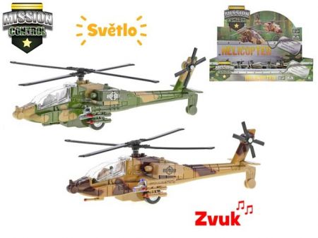 Helikoptéra vojenská 20cm kov zpětný chod na baterie se světlem a zvukem, 2 barvy