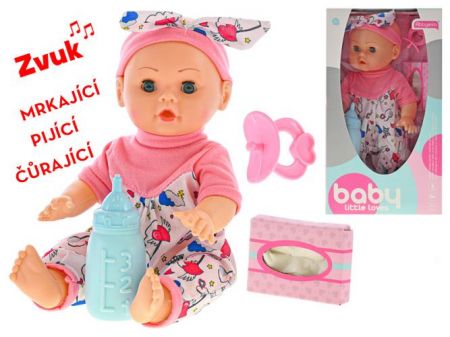 Miminko 29cm mrkající, pijící a čurající na baterie, 4 zvuky, s doplňky