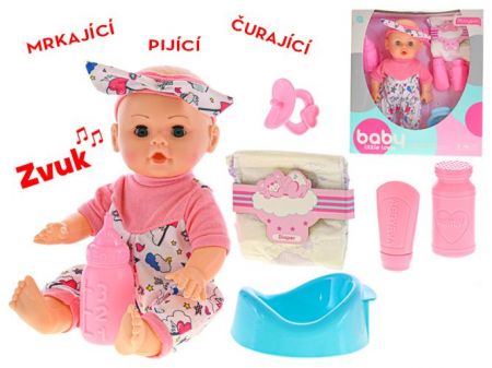 Miminko 29cm mrkající, pijící a čurající na baterie, 4 zvuky, s doplňky