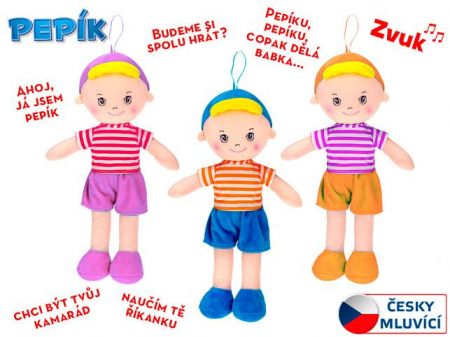 Panáček Pepík hadrový 32cm na baterie česky mluvící 3 barvy 0m+