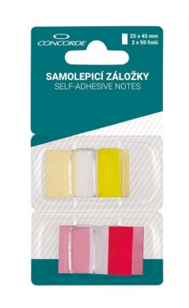 Samolepicí záložky CONCORDE 25x45mm, 50l., črv., žl.