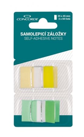 Samolepicí záložky CONCORDE 25x45mm, 50l., zel., žlt.