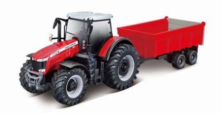 Bburago 10cm Farm Traktor na setrvačník s vlečkou na dřevo Massey Ferguson 8740S