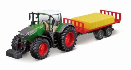 Bburago 10cm Farm Traktor na setrvačník s vlečkou a senem Fendt 1050 Vario