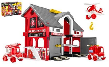 Play House - Požární stanice plast + 2ks aut + 1ks helikoptéra v krabici 59x39x15cm