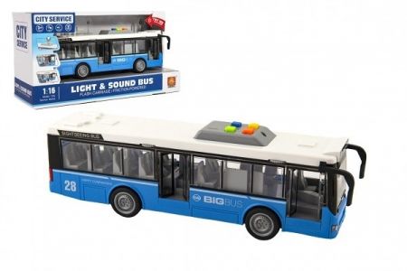 Autobus plast 28cm modrý na setrvačník na bat. se světlem se zvukem v krabici 32x17x11cm