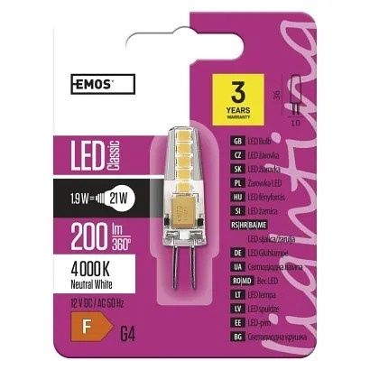 EMOS LED žárovka Classic JC / G4 / 1,9 W (21 W) / 200 lm / neutrální bílá