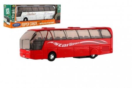 Autobus Welly Super Coach kov/plast 19cm na zpětné natažení 2 barvy v krabičce 22,5x8x5cm