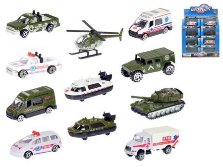 Vozidla vojenská/ambulance 7-8cm kov 1:64 volný chod 12druhů v krabičce