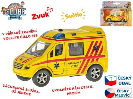 Kids Globe Traffic ambulance CZ 11cm kov zpětný chod na baterie česky mluvící se světlem v