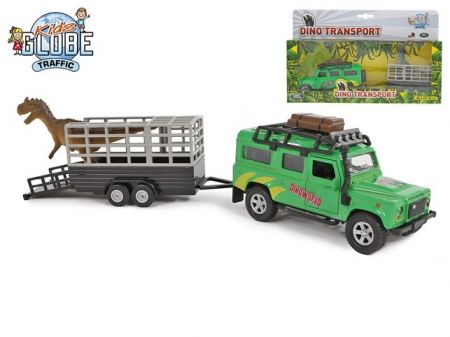 Kids Globe Traffic Land Rover 28cm kov na zpětný chod s přívěsem a dinosaurem v krabičce