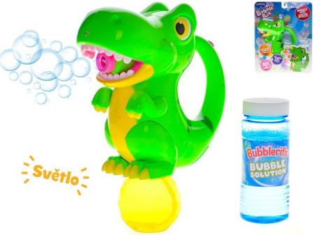 Bublifukovač dinosaurus 20cm na baterie se světlem a s náplní 118ml na kartě