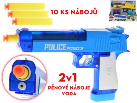 Pistole 23cm vodní/na pěnové náboje 2v1 10nábojů 2barvy krabičce