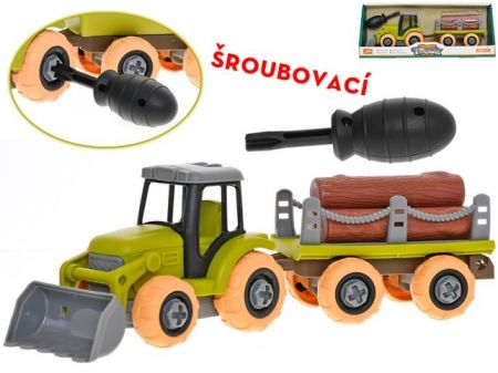 Traktor 28cm šroubovací volný chod s vlečkou a kládami v krabičce