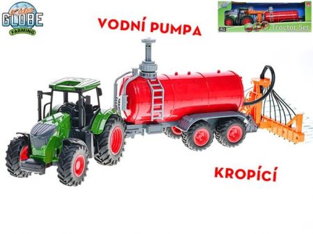 Kids Globe Farming traktor volný chod 49cm s cisternou stříkající vodu v krabičce