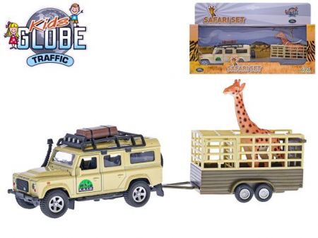 Kids Globe Traffic Land Rover Defender 14cm kov na zpětný chod s přívěsem 14cm a žirafou