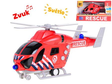 Helikoptéra hasiči 20cm na setrvačník na baterie se světlem a zvukem v krabičce